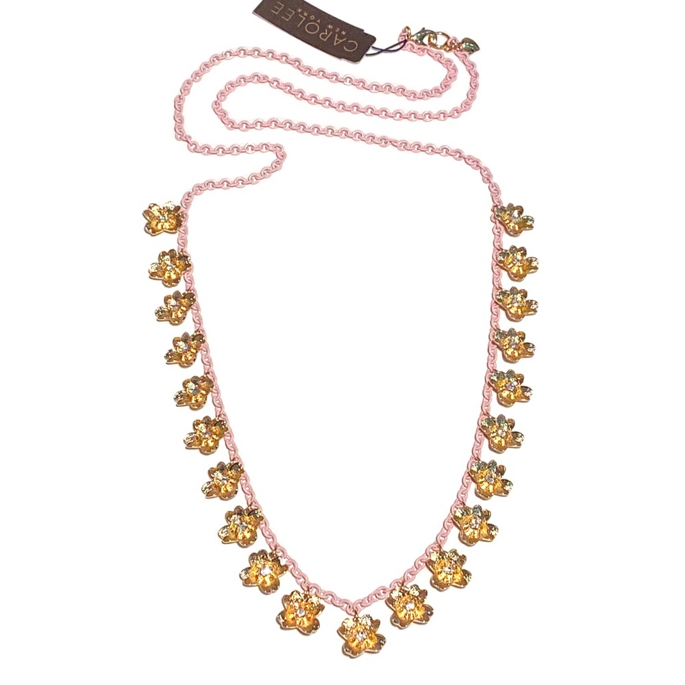 New Carolee Necklace with a Long Pink Chain and Gold Flower Charm Accents - Picture 2 of 11